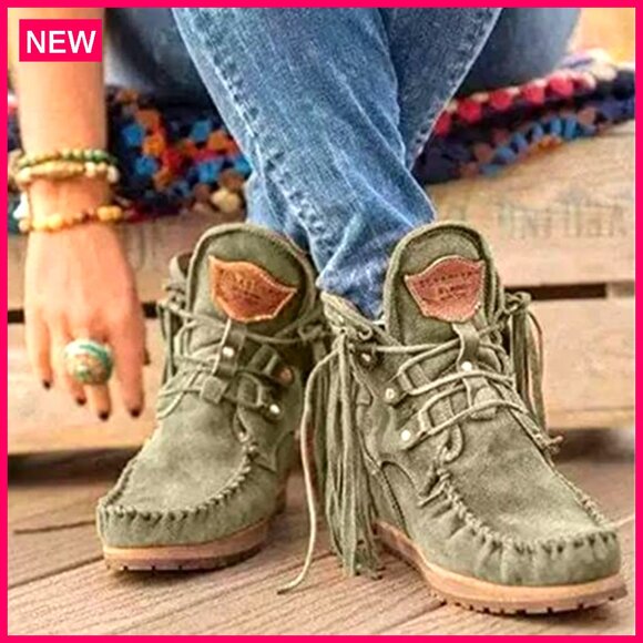 Vintage Fringed Ankle Booties Lightweight Suede Mocc Up Casual - Picture 2 of 7